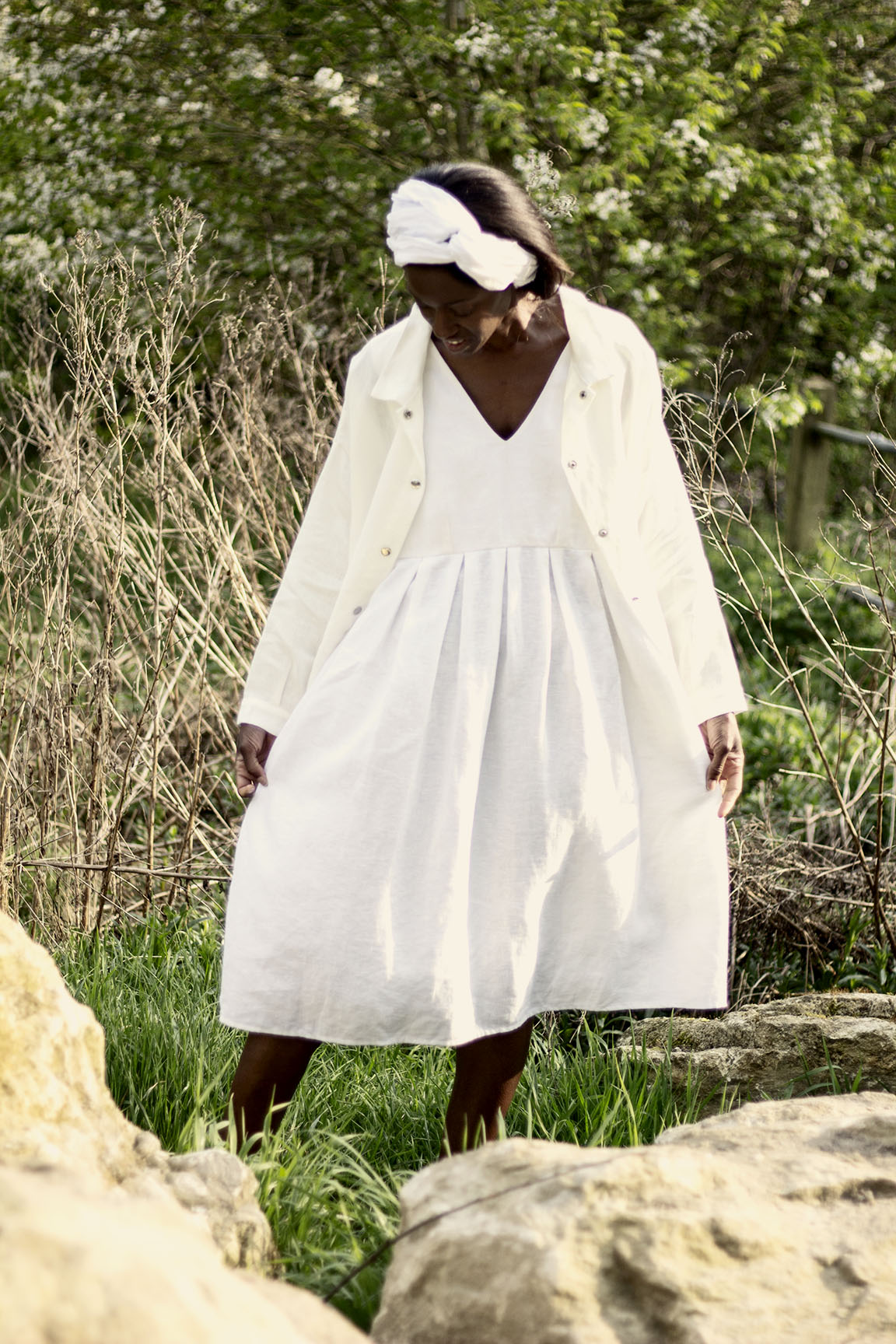 white & moss pleated pinafore dress Tea Time Linen Pinafore Dress (Victorian Cream) Miss Patina