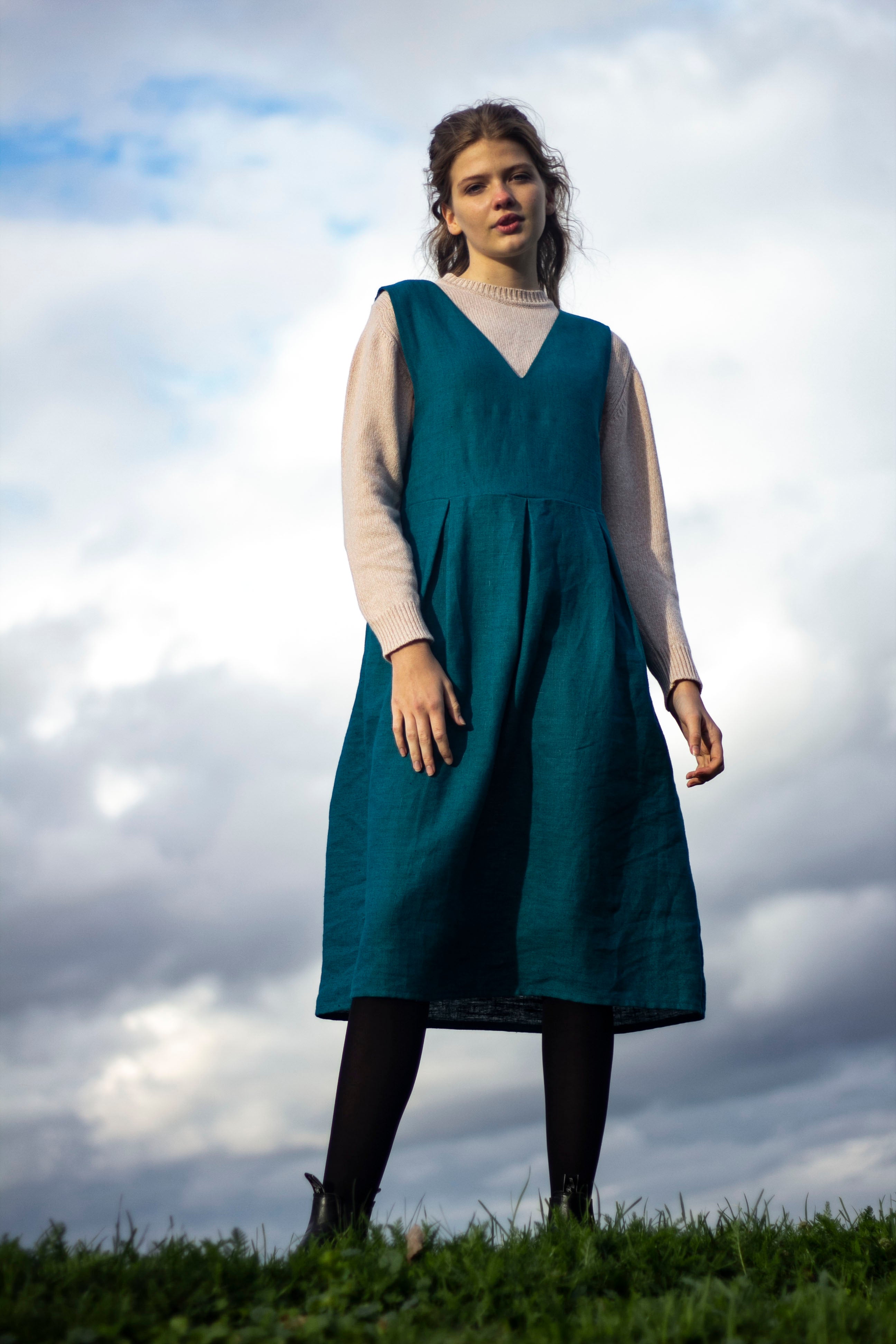 100 Linen Pinafore Dress Teal Lemuel MC London